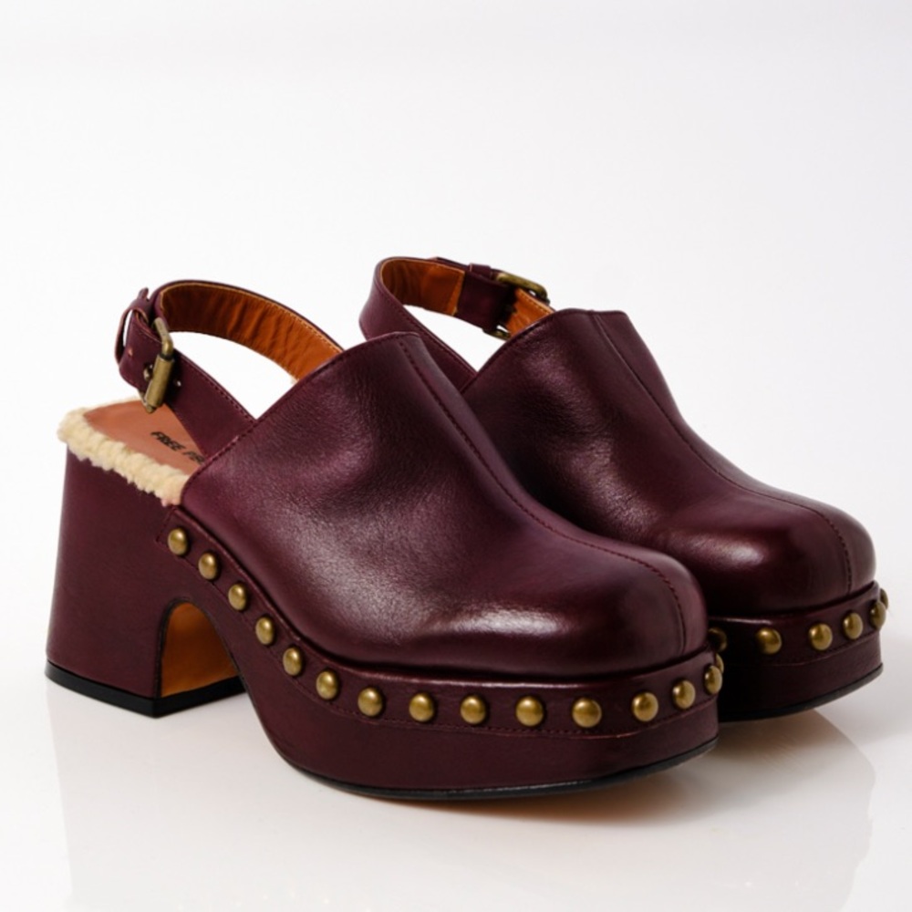 Free People Burgundy Leather Mules with Gold Studs